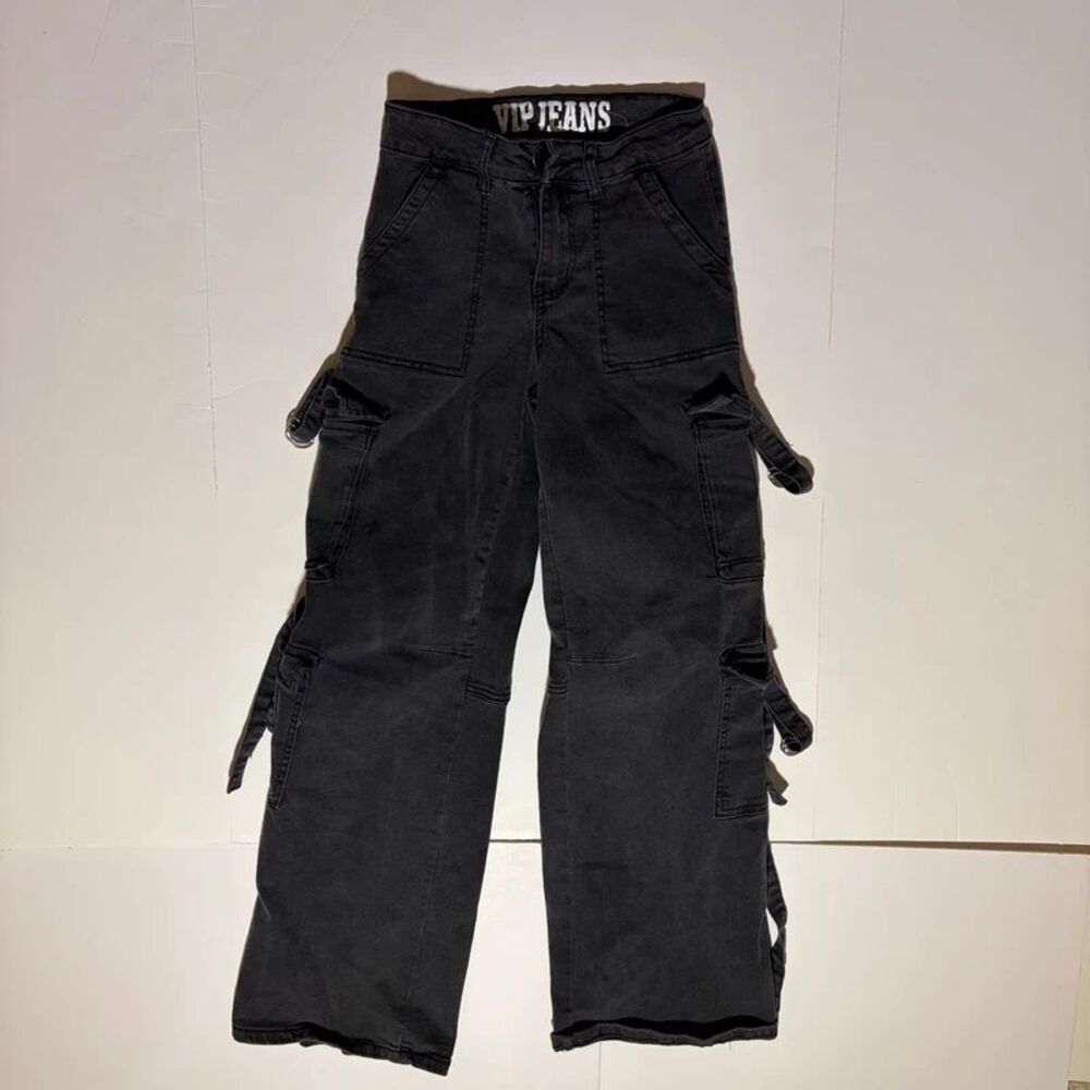 Women's black y2k baggy wide leg jeans with metal accents